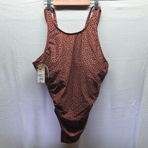 Kona Sol Rust Brown One-Piece Swimsuit with Black Dot Print